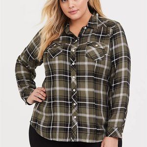 Taylor - Olive Green Plaid Twill Button Front Slim